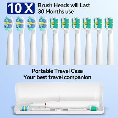 Seago electric toothbrush heads with a portable travel case on a light blue background