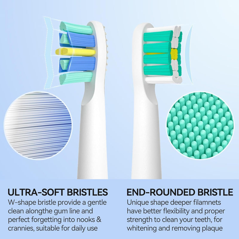 Seago electric toothbrush heads with close-up views of bristle types on a light blue background