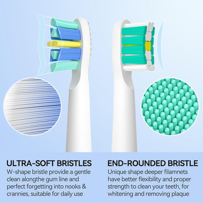 Seago electric toothbrush heads with close-up views of bristle types on a light blue background