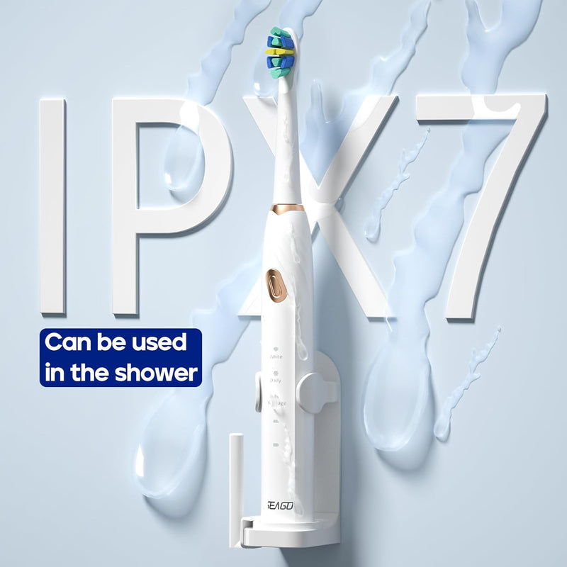 Seago electric toothbrush with 'IPX7' rating for shower use on a light blue background