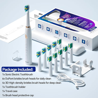 Seago sonic electric toothbrush set with packaging, brush heads, and accessories on a light blue background.