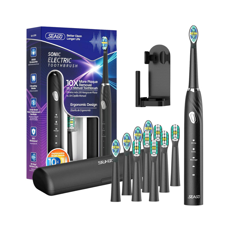 Seago black sonic electric toothbrush set with packaging, brush heads, travel case and holder on a white background