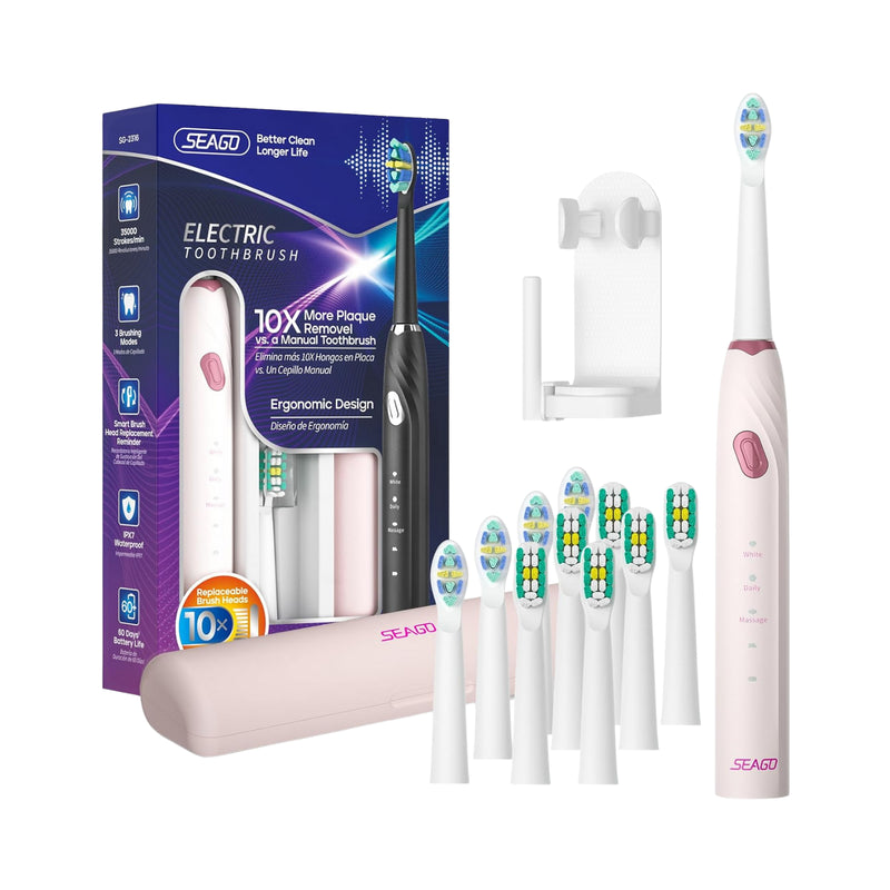 Seago pink sonic electric toothbrush set with packaging, brush heads, travel case and holder on a white background