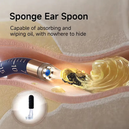 Bebird sponge ear spoon with oil absorption capabilities shown on a close-up of ear canal.