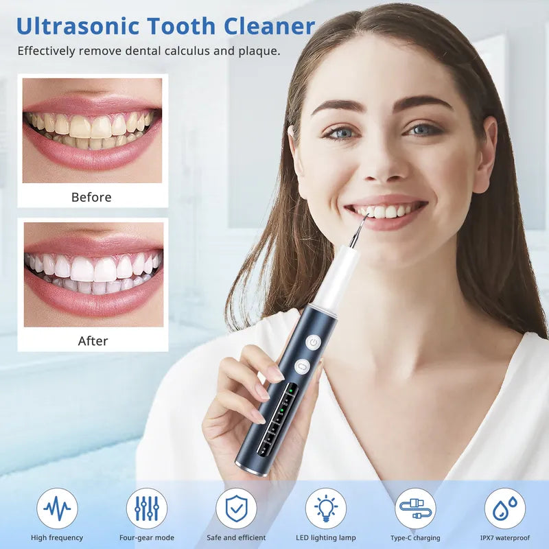 Woman using an ultrasonic tooth cleaner with before and after smile images on a light blue background.