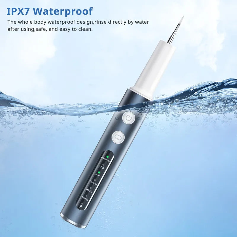 Dental calculus cleaning tool with IPX7 waterproof feature submerged in water