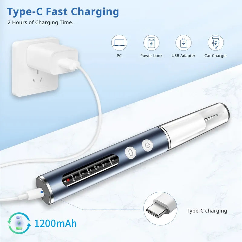 Portable dental calculus cleaning tool with Type-C fast charging feature on a light blue background