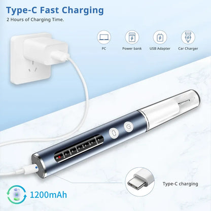 Portable dental calculus cleaning tool with Type-C fast charging feature on a light blue background