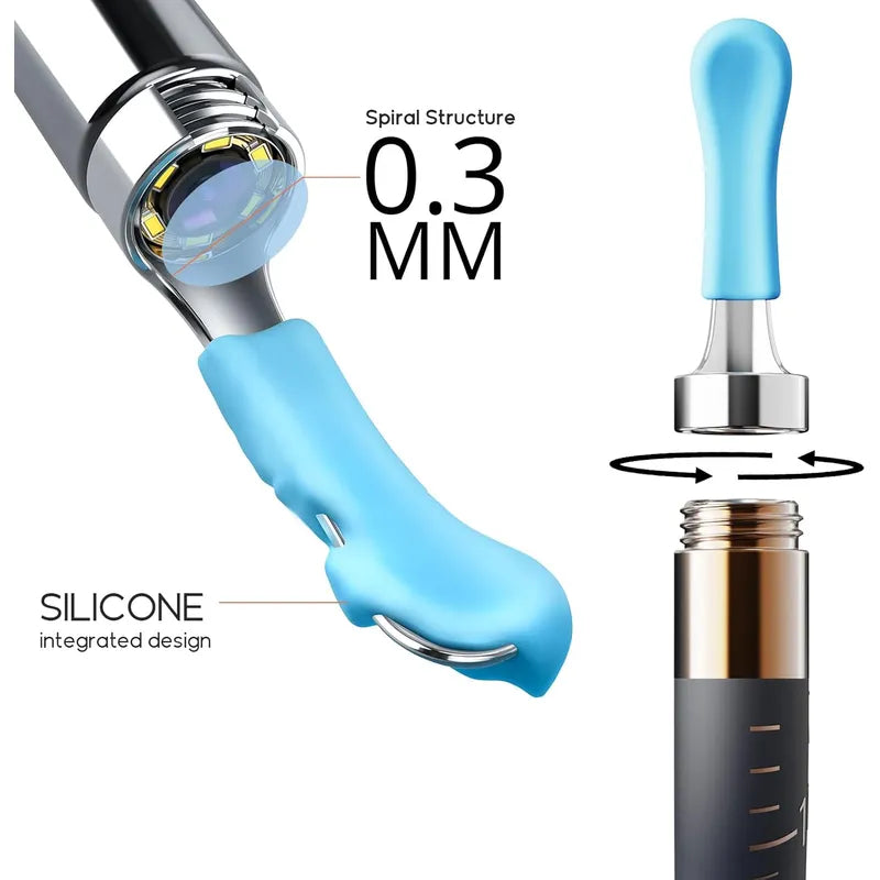 Close-up of a blue and silver bebird tip with spiral structure and silicone integration on a white background.