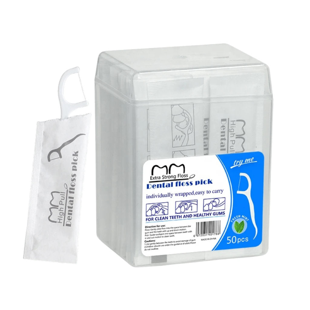Box of dental floss picks with a clear plastic on a white background