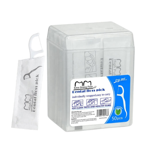 Box of dental floss picks with a clear plastic on a white background